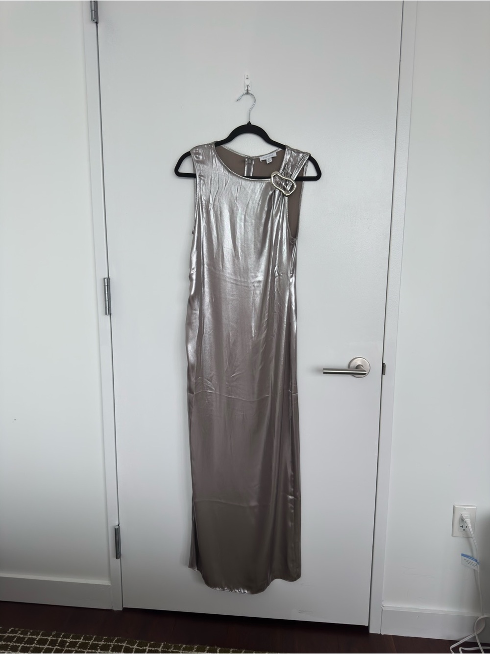 Topshop Metallic Silver Maxi Dress with Metal Buckle